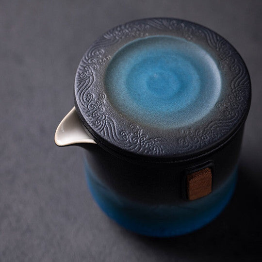 Black and Blue Ceramic Teapot with 2 Cups Portable Travel Tea Set