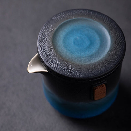 Black and Blue Ceramic Teapot with 2 Cups Portable Travel Tea Set