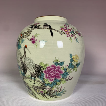 6.2 Inch Chinese Famille Rose Porcelain Jar Qing Guangxu Crane Peony Pattern Pot