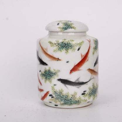 Vintage Antiques Handmake Porcelain Pastel Fish Pattern Tea Leaf Jar Qq32