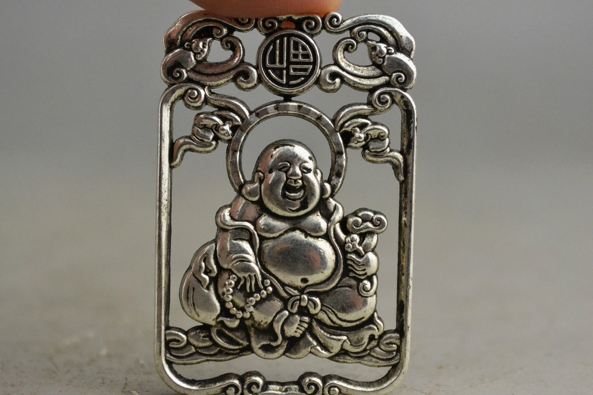 Chinese Collection Handmade Old Miao Silver Carved Maitreya Buddha Pendant -