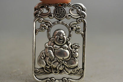 Chinese Collection Handmade Old Miao Silver Carved Maitreya Buddha Pendant -