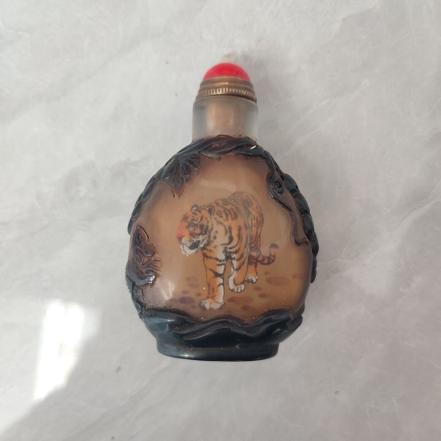 Chinese Carved Glass Snuff Bottle Inside Painting Tiger Sculpture Statue Rare