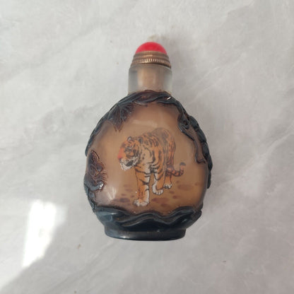 Chinese Carved Glass Snuff Bottle Inside Painting Tiger Sculpture Statue Rare