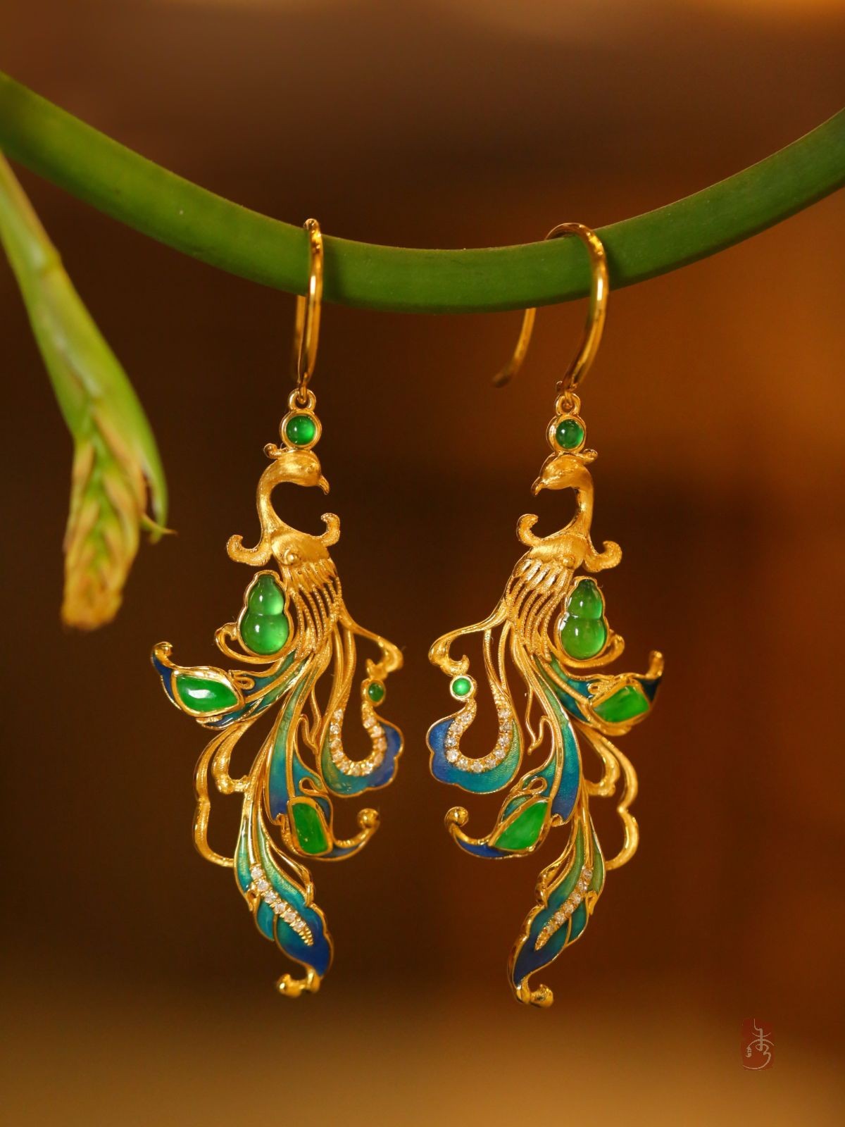 Original New Chinese Phoenix Earrings Agate Gourd Enamel National Style Drops