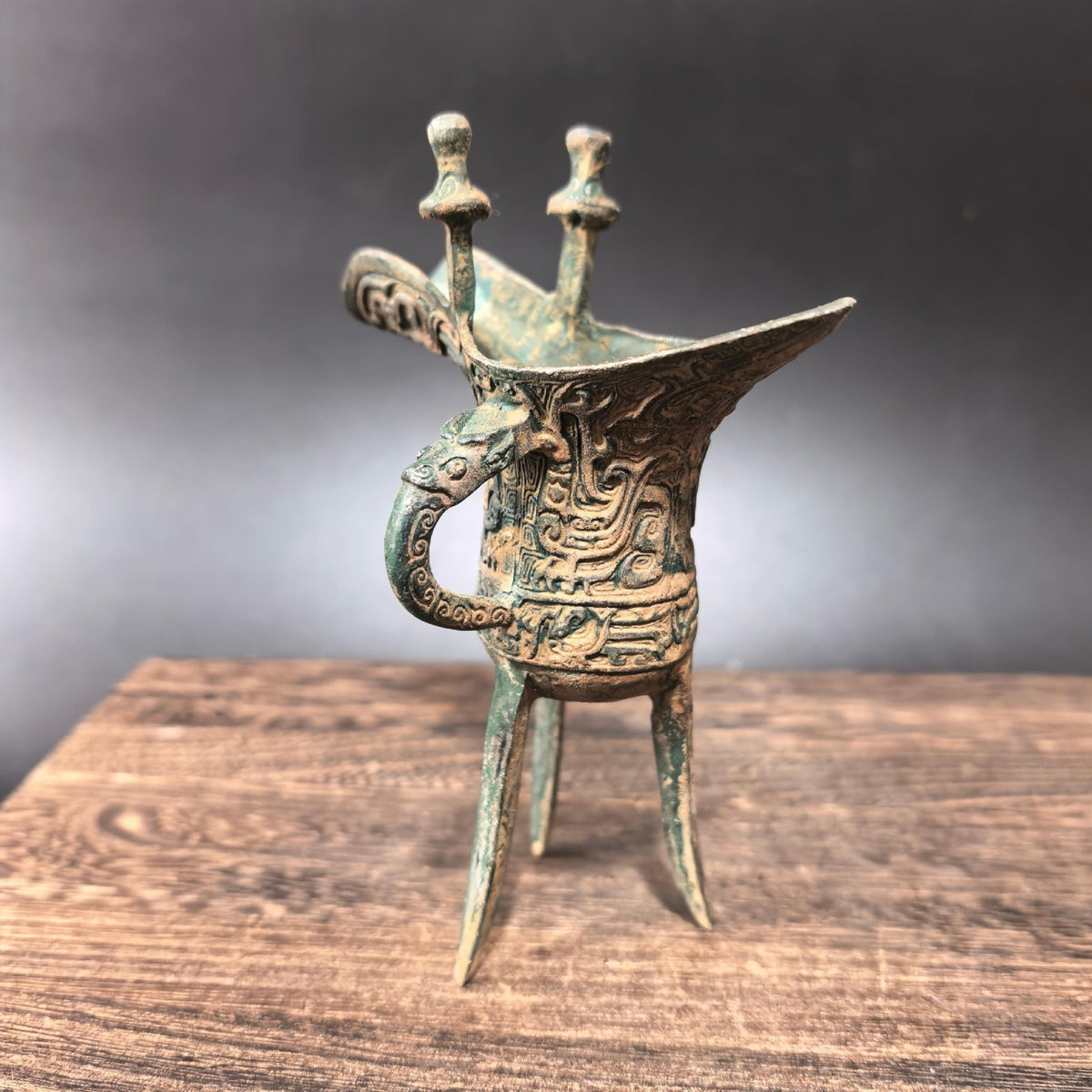 4.6" Old Chinese Purple Bronze Dynasty Beast Face Drinking Vessel Cup Goblet