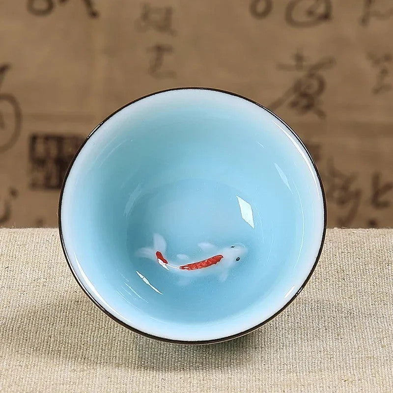 40ml Ceramic Chinese Kungfu Tea Cup Handmade Embossed Carp Tasting Cup Tea Set