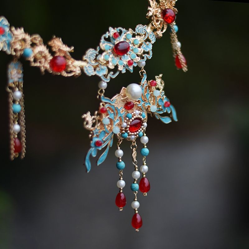 Chinese Cloisonne Yingluo Necklace Vintage Hanfu Tassel Choker Jewelry