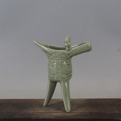 5.3" Collection Chinese Song Porcelain Yaozhou Kiln Green Glaze Three Foot Cup