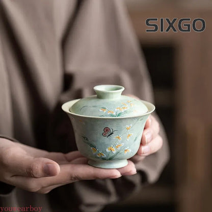 Hand Painted Butterfly Gaiwan Set for Tea Porcelain Chinese Green Tureen Teaware