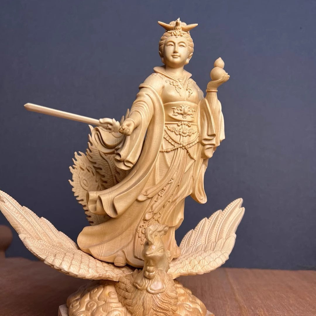 12" Boxwood Carved Mysterious Maiden Nine Heaven Statue Taoism Deity Collection