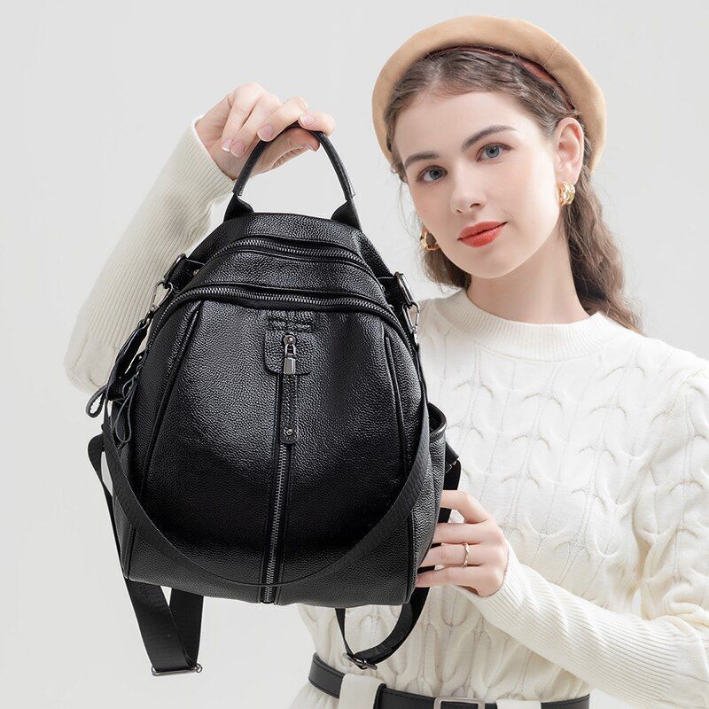 Black Backpack Genuine Leather Cowhide Bags Small Cute Traveling Luxury Softback