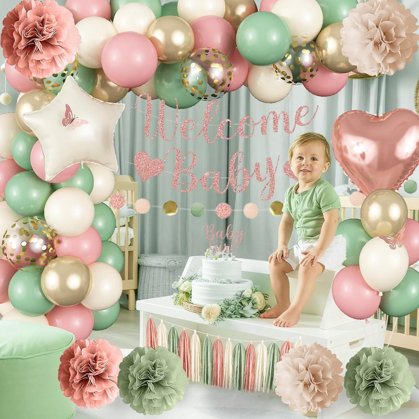 Baby in Bloom Baby Shower Decorations, Sage Green Dusty Blush Pink Gold Sand Whi