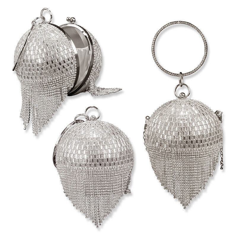 Women Fashion Round Crystal Ball Tassel Ladies Party Festive Wedding Clutch Bag
