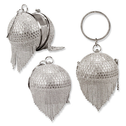 Women Fashion Round Crystal Ball Tassel Ladies Party Festive Wedding Clutch Bag
