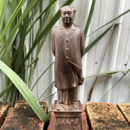 8" Natural Agarwood Carving Chinese Chairman Mao Statue Home Office Lucky Decor