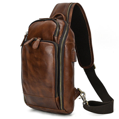 Men Real Leather USB Charging Sling Bag Chest Single Strap Backpack Shoulder Bag