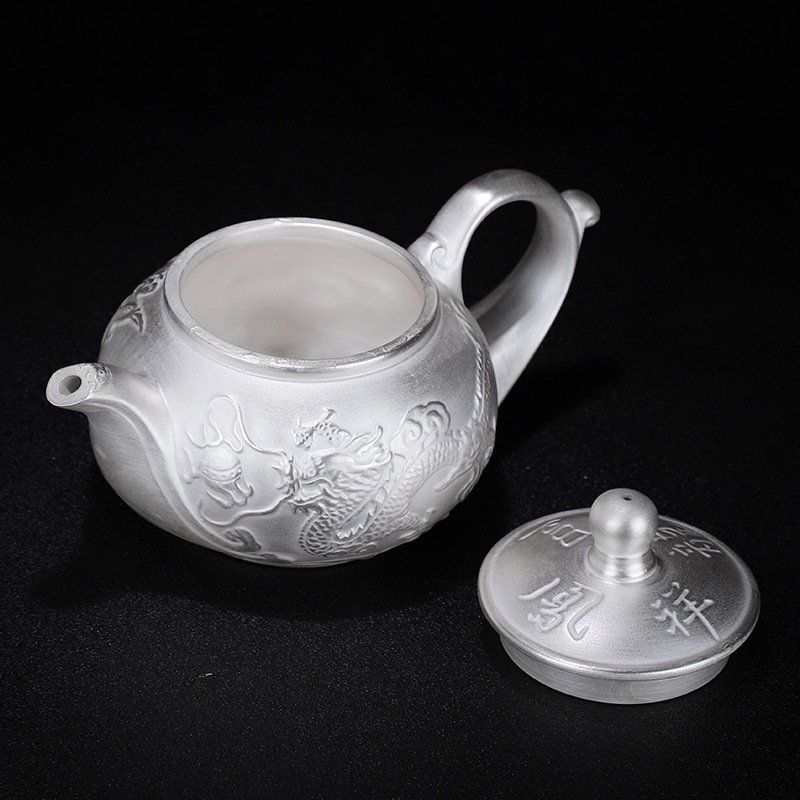 240ml Fine Chinese Style Dragon and Phoenix Auspicious Pure Silver Kungfu Teapot