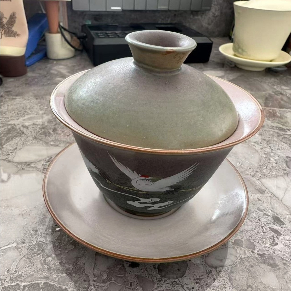 Kiln Changed Crane Pattern Gaiwan 11.8x9.5cm 200ml Ceramic Tea Cup Set