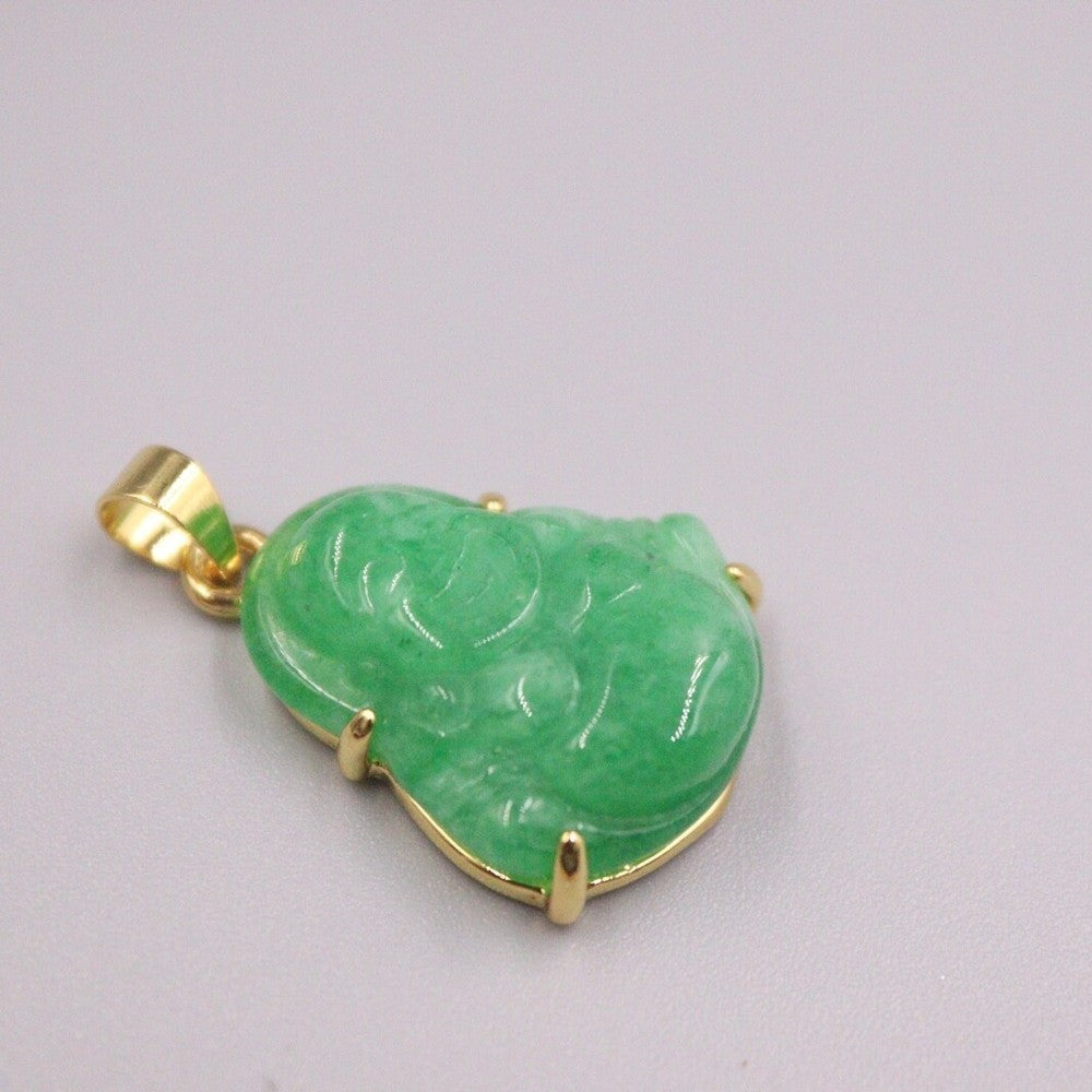 New 18K Yellow with Green Jade Buddha Pendant 1.10Inch H 佛