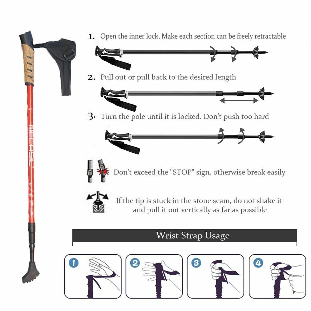 2pcs/lot Nordic Walking Sticks Hiking Aluminum Telescopic Trekking Pole 3 Joints