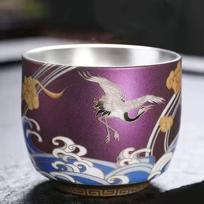 Ceramic Tea Cup Sterling Silver Master Cup Crane Print Chinese Kungfu Cup Of Tea