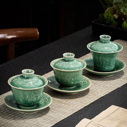 boutique gaiwan longquan celadon porcelain tureen shadow carved Sancai bowl lid