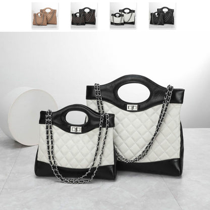 Quilted Sheepskin Real Leather Tote Purse Handbag Shoulder Bag Fashion w/ Chains