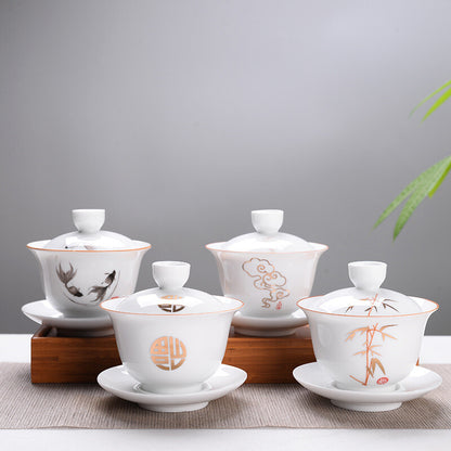 180ml Ceramic Tureen Bone China Tea Bowl Porcelain Gaiwan Cup & Cup Lid & Mat