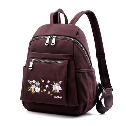 Nylon Backpack Black Zipper School Bags Flower Embroidery Rucksack High Capacity