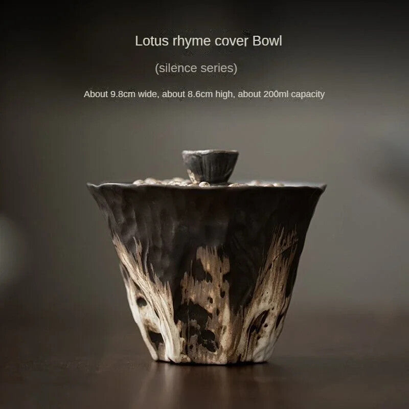 Handmade Embossed Lotus Ceramic Tea Turee Covered Bowl Coarse Tea Maker Gaiwan