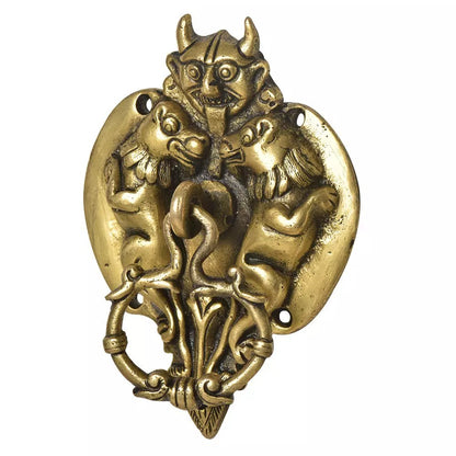 Antique Look Brass Demon Head With Two Lion Figurines Door Knocker Door Bell