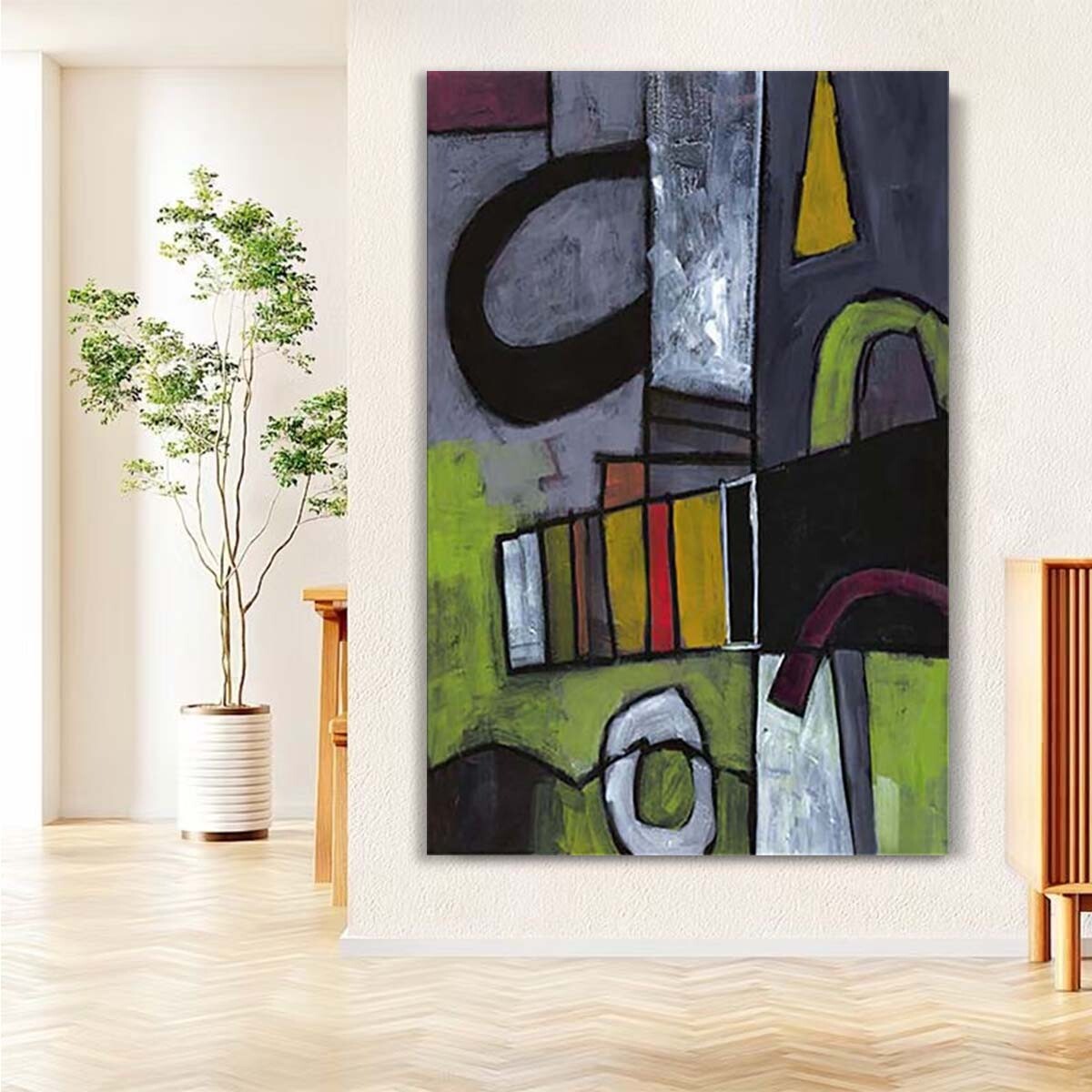 Black White Green Abstract Oil Painting Handmade Canvas Art Mural Modern Home