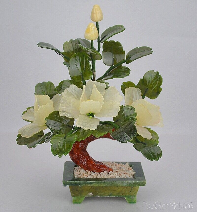 Chinese Natural Jade 3 White Peony Flower Bonsai Tree Flowering Feng Shui Decor