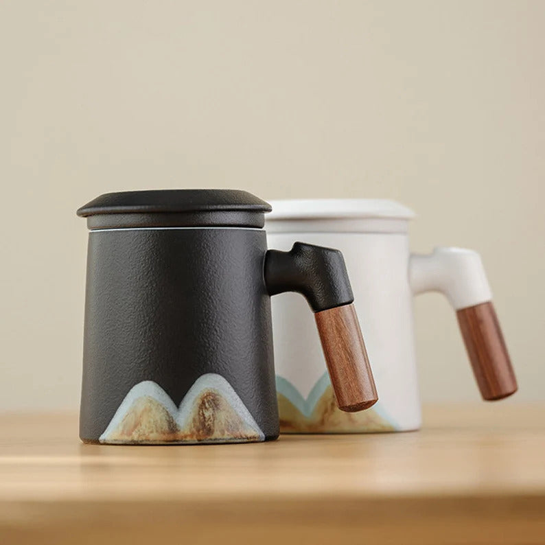 Embersceramic Handpainted Mountain Ceramic Teacup with Infuser Cozy Mug 380ml