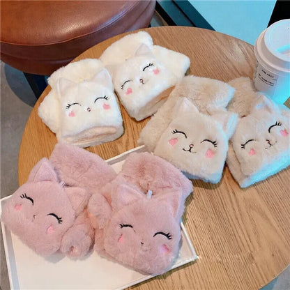 Women Winter Gloves Coral Fleece Half-Finger Style Plush Warm Soft Thick Mittens