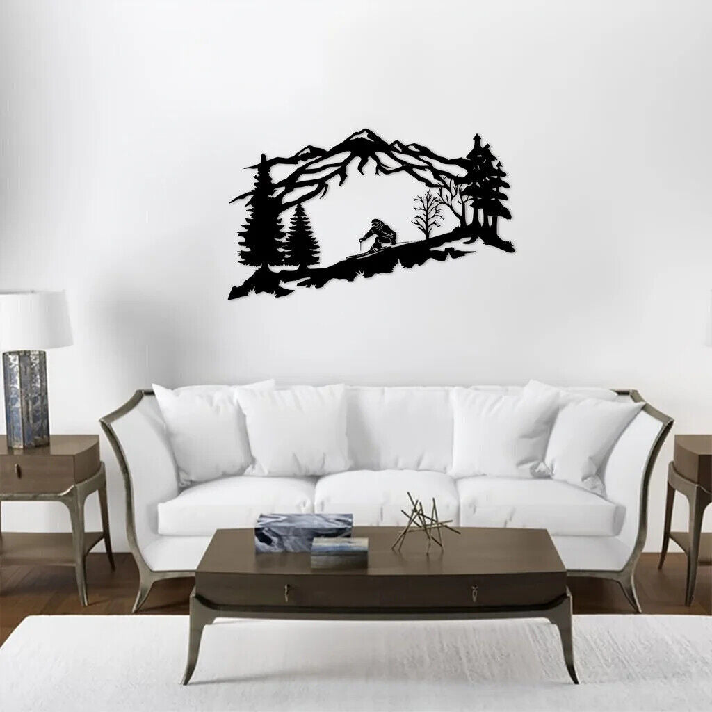 Metal Skier Wall Art, Mountain And Trees Themed Wall Art Metal Wall Decor