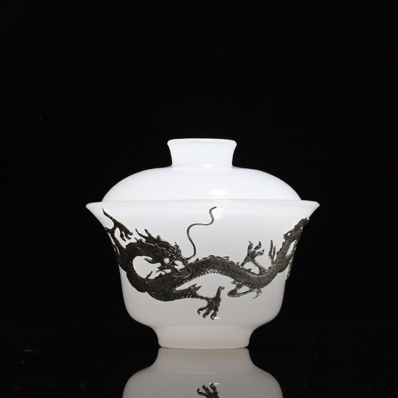 Jade Plated Silver Dragon Ceramic Cover Bowl Teacup Gaiwan Tea Bowl Kung Fu