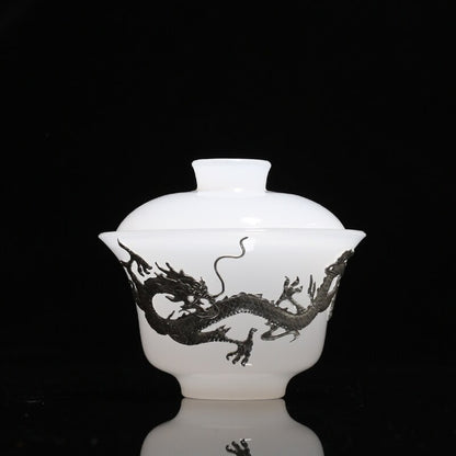 Jade Plated Silver Dragon Ceramic Cover Bowl Teacup Gaiwan Tea Bowl Kung Fu