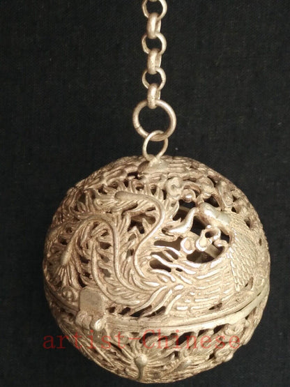 Collection Old China Tibet Silver Carving Dragon Phoenix Aromatherapy Decoration