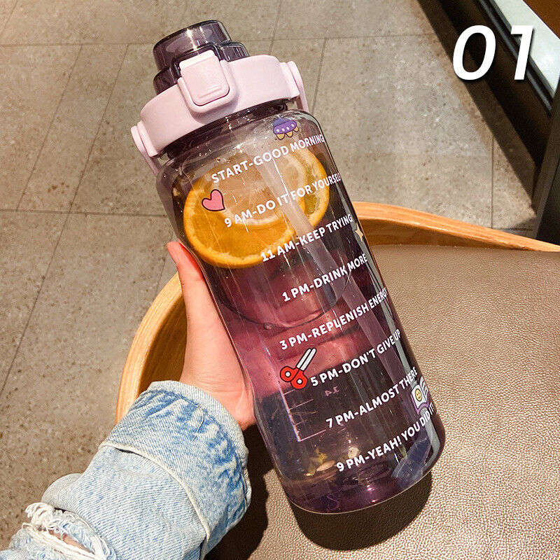 2L Sports Stickers Water Bottle Large Capacity Straw Gradient Fitness Water Cup
