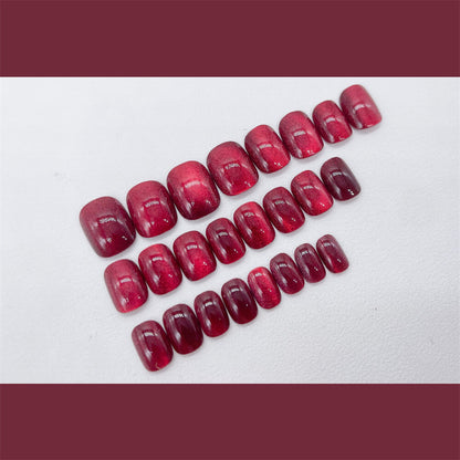 Cherry Red Cat Eye False Nail Short Square Press on Nails for Nail Art 24pcs
