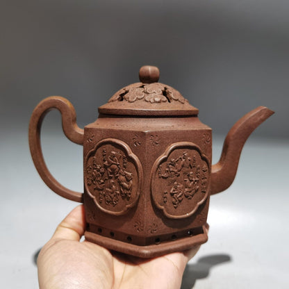 Chinese Yixing Zisha pottery hand carved Tea makers Tea Pot 品名：八仙过海 低款：曼晞陶艺