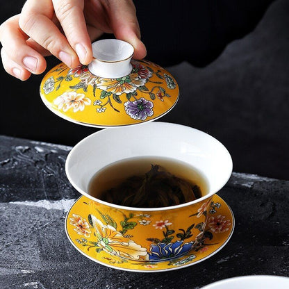 Eight Treasures Gaiwan Tea Bowls Purple Yellow Ceramic Saucer And Cups Drinkware