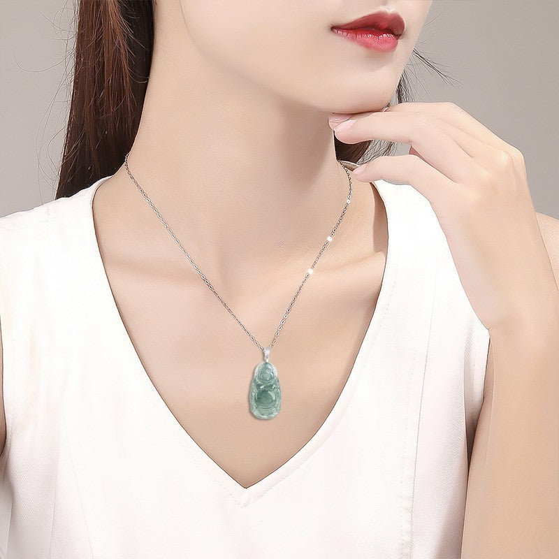 Natural Grade A Jade Jadeite Carving Maitreya Buddha Blessing Necklace Pendant