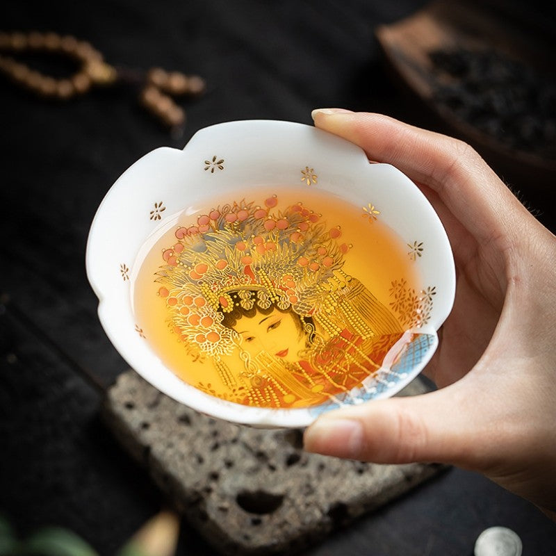 Suet-fat Jade Porcelain Peking Opera Tea Cup Ceramic Petal Pu'er Master Cup 70ml