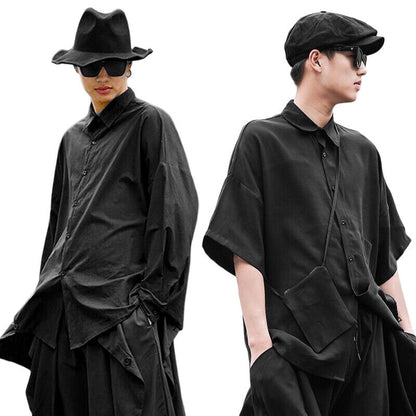 Men Japanese Casual Loose Oversize Shirt Black Harajuku Samurai Baggy Top Blouse
