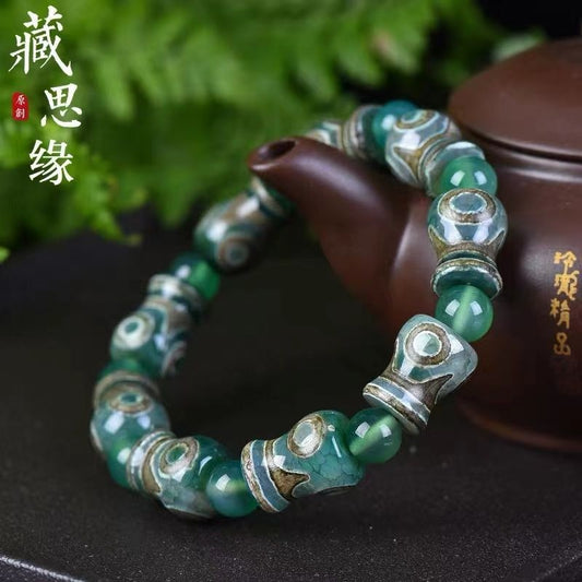 Tibetan Vintage Green Dzi Agate Vase Bracelet 3 Eye Bead Bracelet