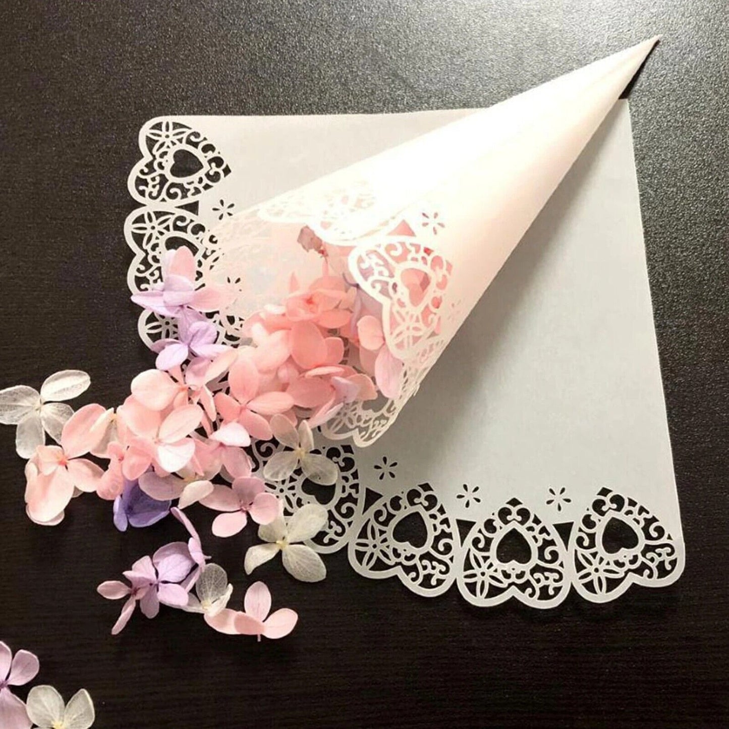 Dried Flowers Cones 50Pcs White Paper Petals Laser Hollow Lace Confetti Wrapping