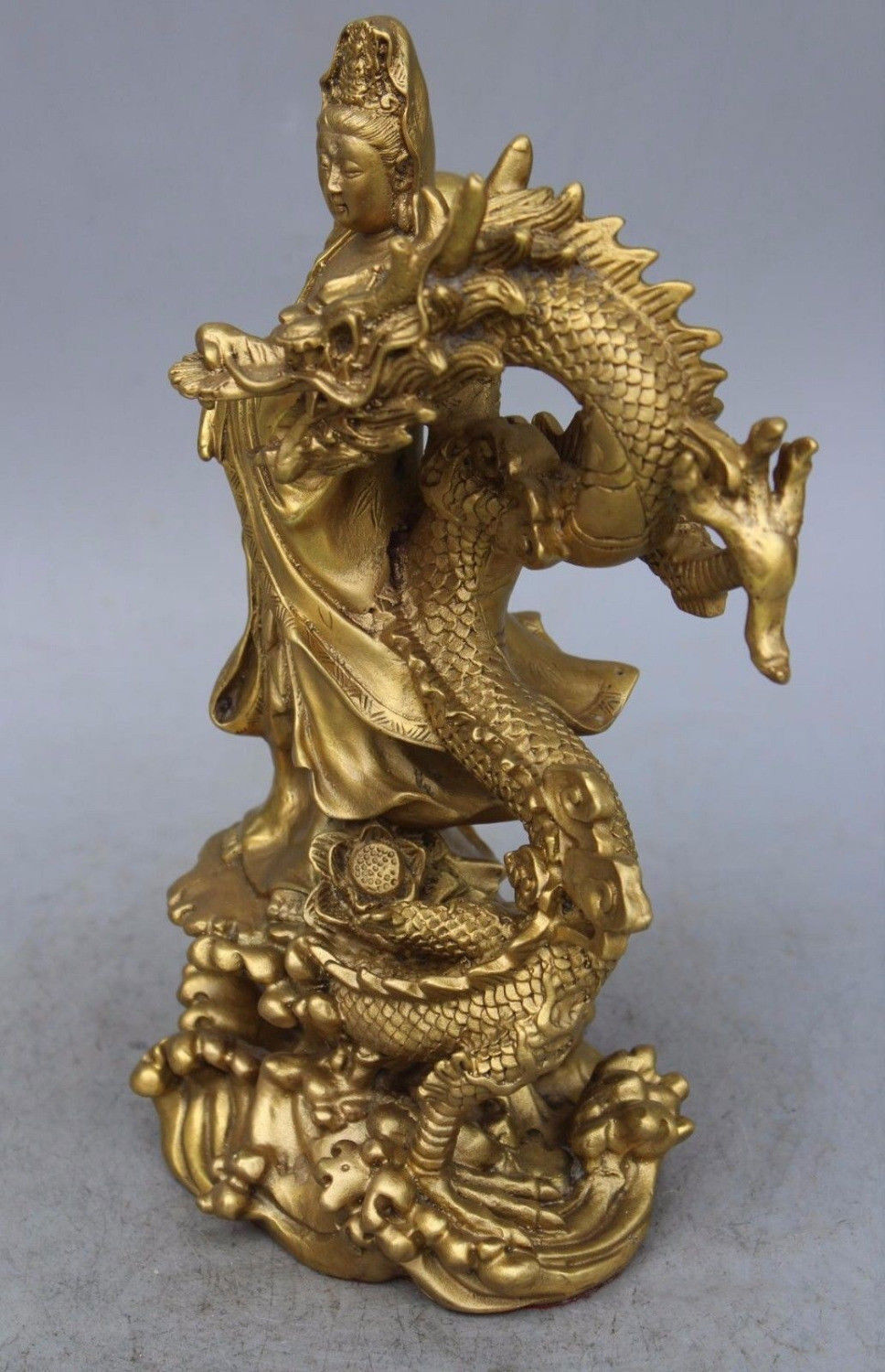 Chinese Brass Dragon kwan-yin GuanYin Goddess buddha statue